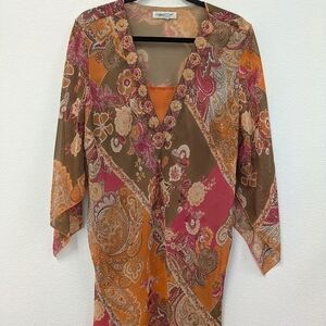 Vintage Y2K Coldwater Creek Sheer Mesh Lettuce Hem Paisley Floral Tunic sz L/XL